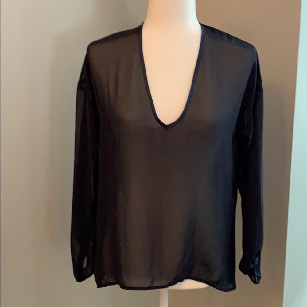 Sheer Navy V Neck Top